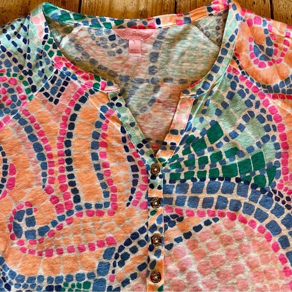 Lilly Pulitzer Linen Egret Tile Wave Henley Tunic Top Size Small - Picture 5 of 7